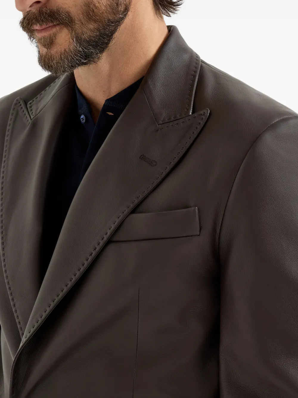Brunello Cucinelli Leren blazer met puntige revers Bruin