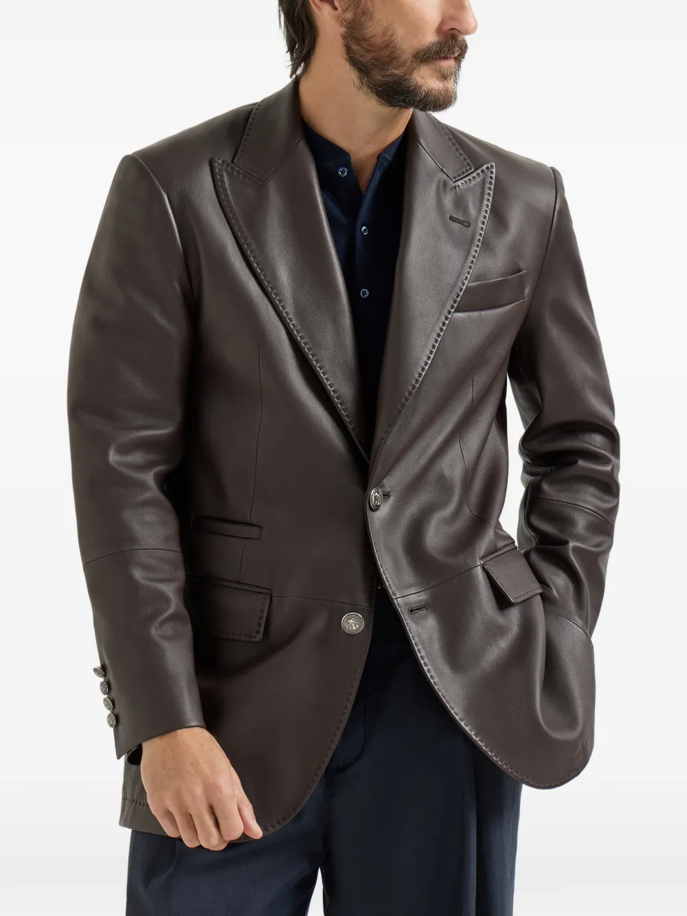 Brunello Cucinelli Leren blazer met puntige revers Bruin