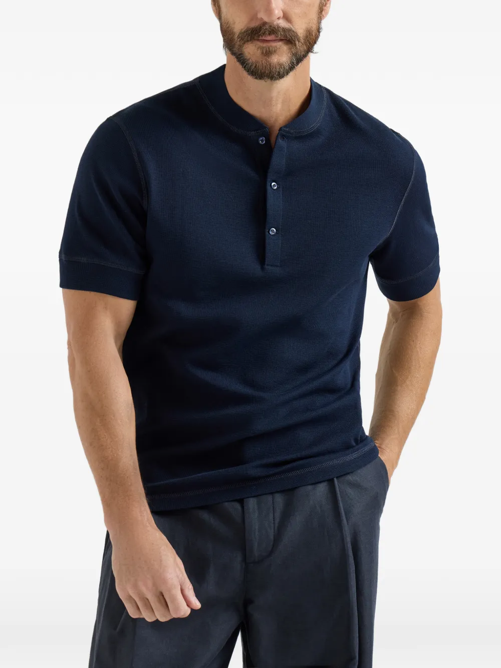 Brunello Cucinelli Poloshirt met wafelpatroon en henley-kraag Blauw
