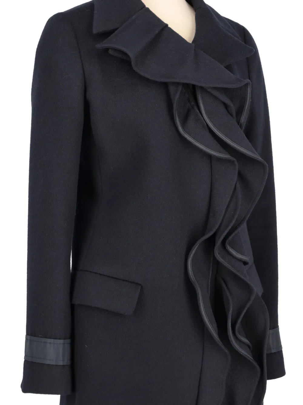 Pre-owned Prada Ruffled-trim Double-breasted Wool Coat In Black