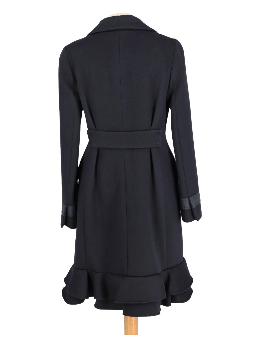Pre-owned Prada Ruffled-trim Double-breasted Wool Coat In Black