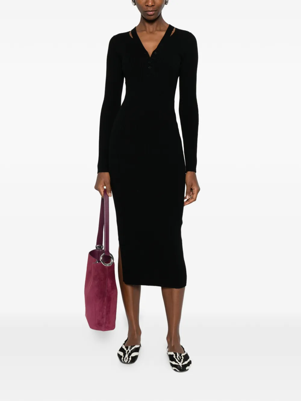 IVORY PARIS buttoned ribbed dress - Zwart