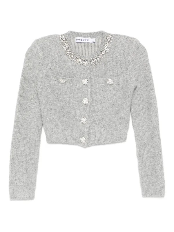 Self-Portrait Fluffy Crystal Trim Cardigan in Grey
