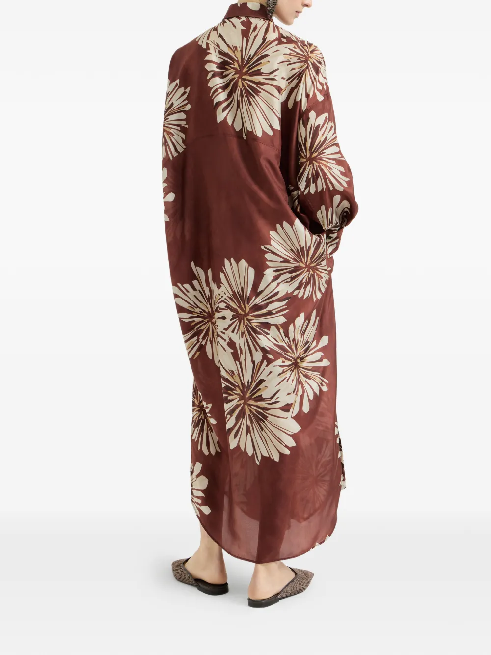 Brunello Cucinelli Maxi-jurk met bloemen-print en Monili-detail Bruin