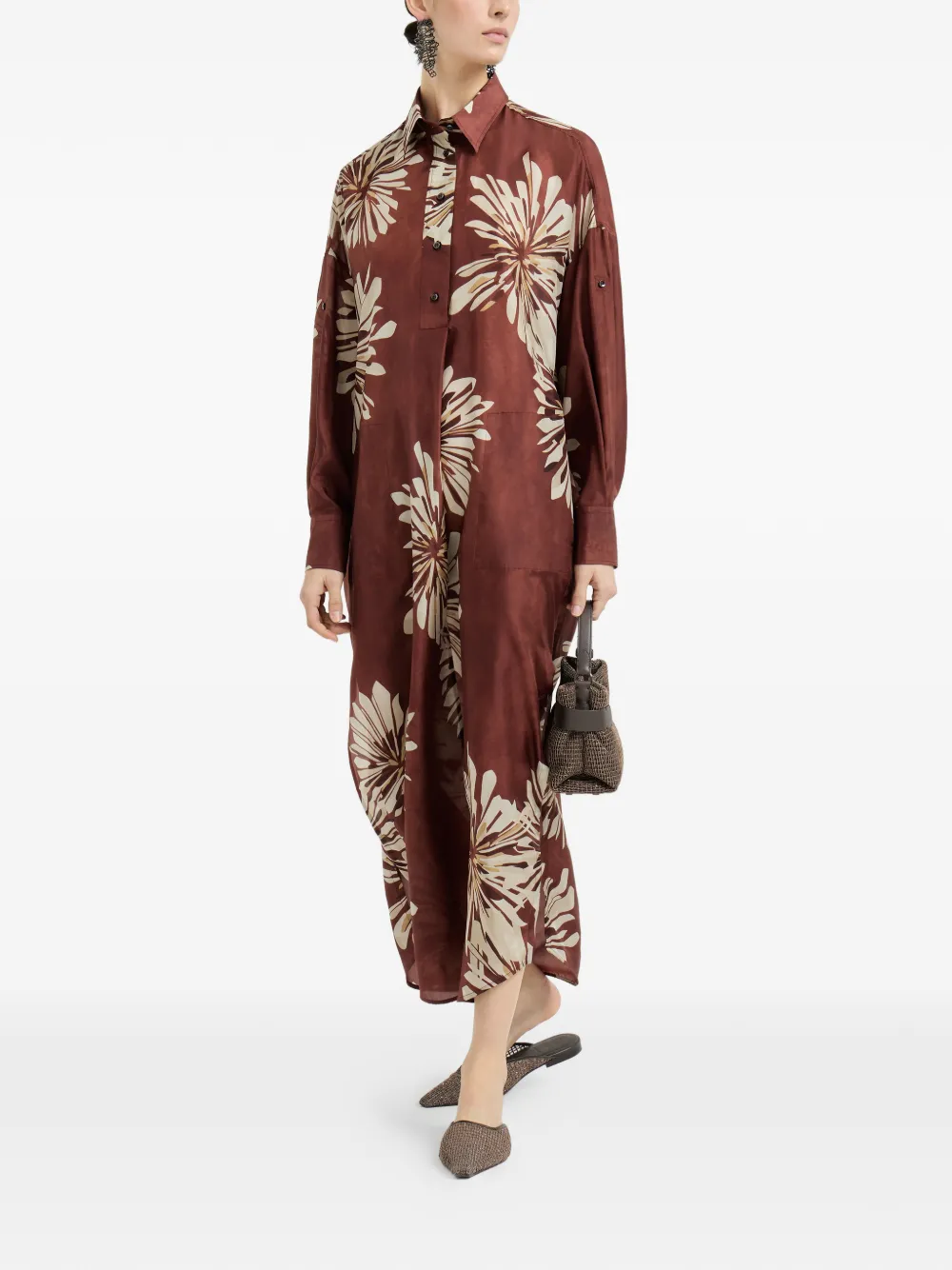 Brunello Cucinelli Maxi-jurk met bloemen-print en Monili-detail Bruin