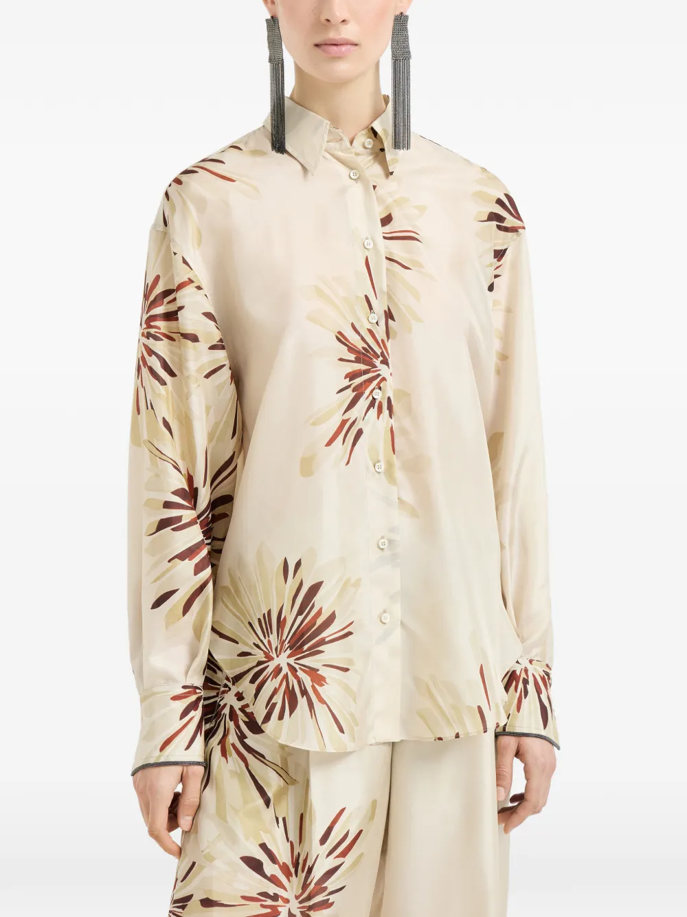 Brunello Cucinelli Blouse met bloemenprint en monili-detail Beige
