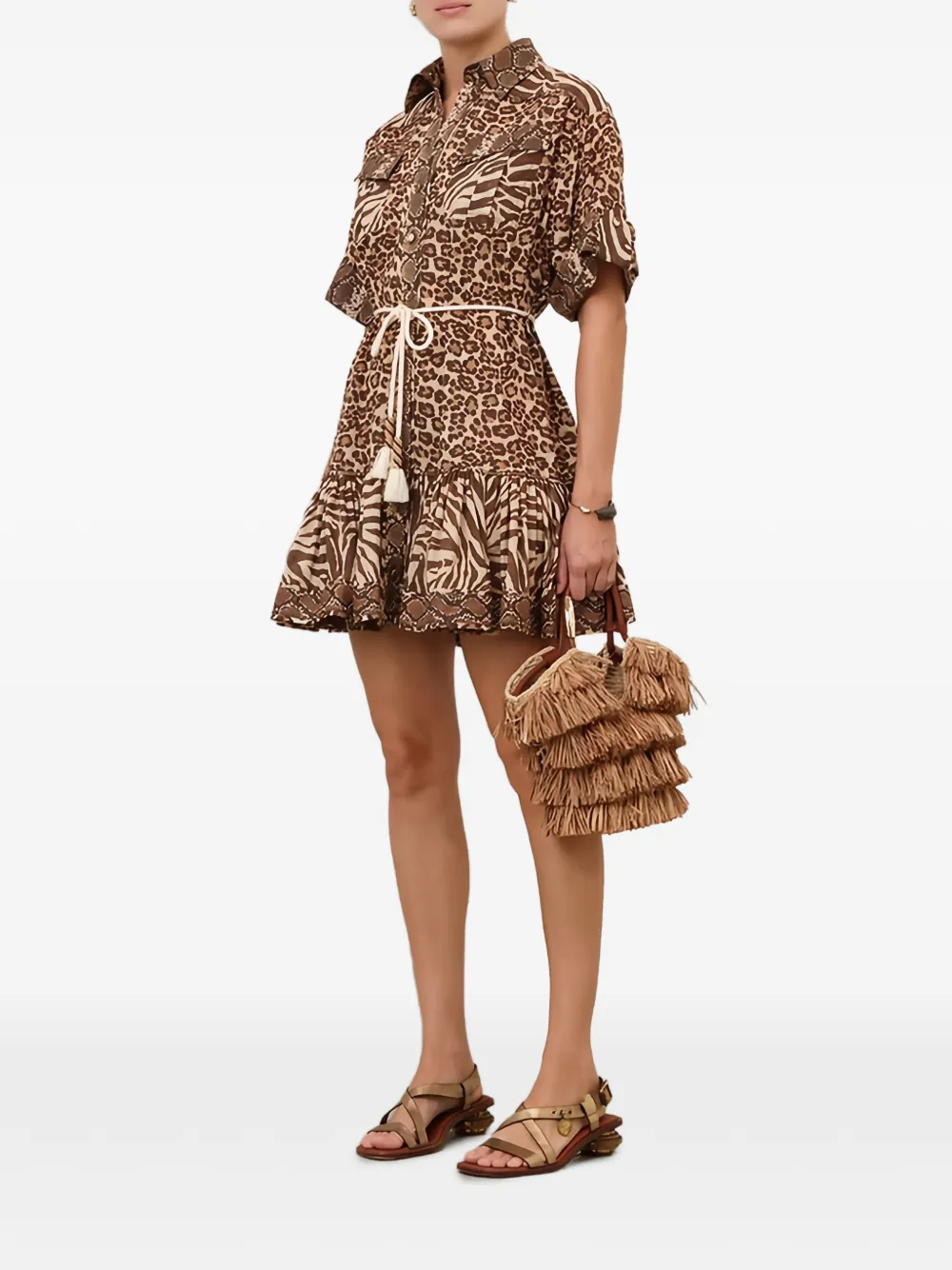 ZIMMERMANN Mini-jurk met dierenprint en ruches Bruin