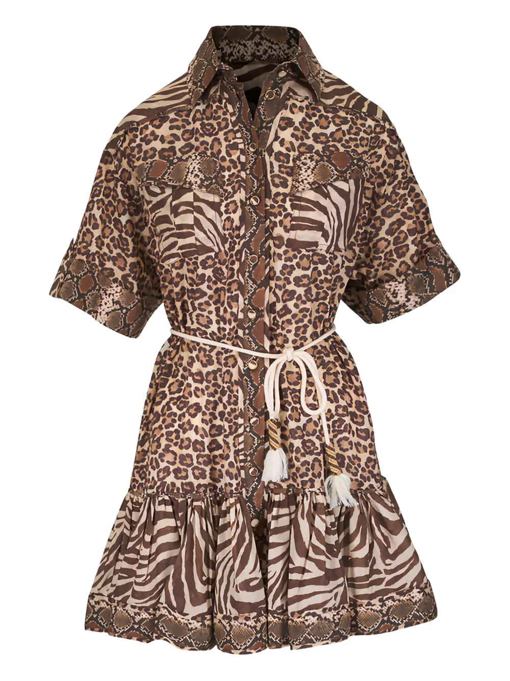 ZIMMERMANN Mini-jurk met dierenprint en ruches Bruin