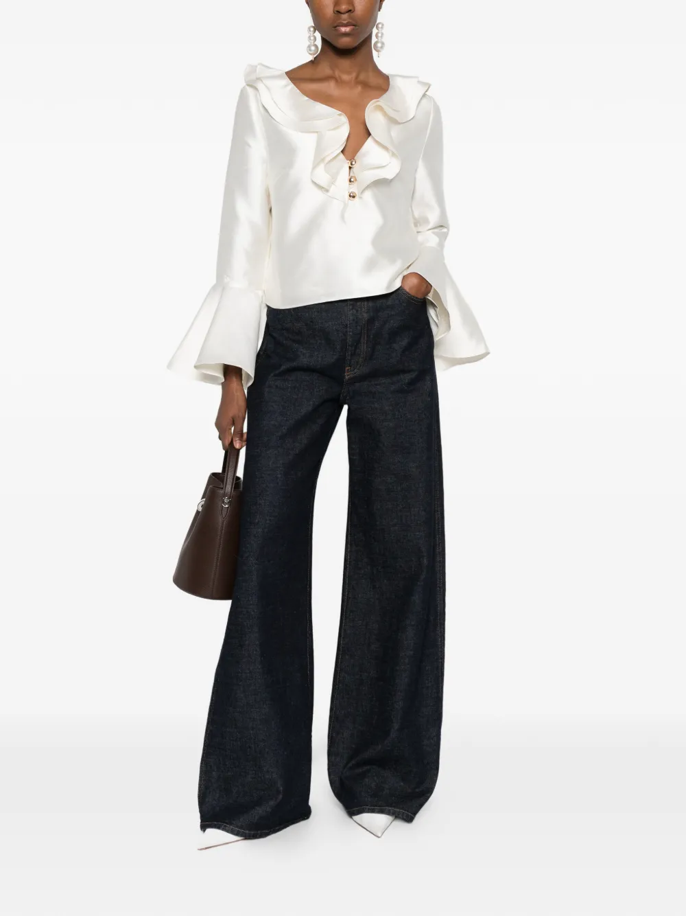 Self-Portrait taffeta ruffled blouse - Beige