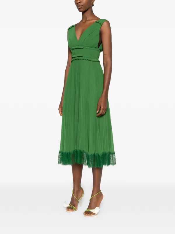 self portrait green pleated dress Green Metallic Tie Neck Maxi Dress – self-portrait-US main image 1