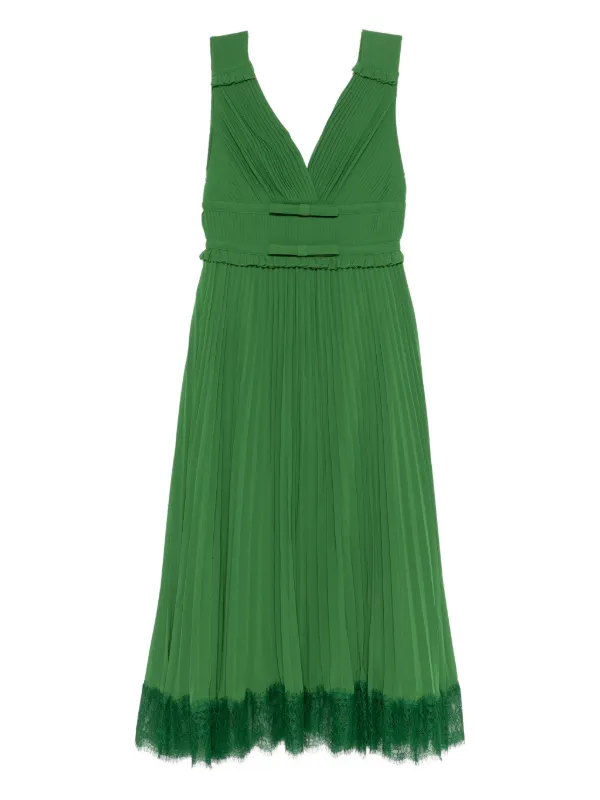 farfetch green dress POST MERIDIEM puff-sleeve square-neck Midi Dress | Green