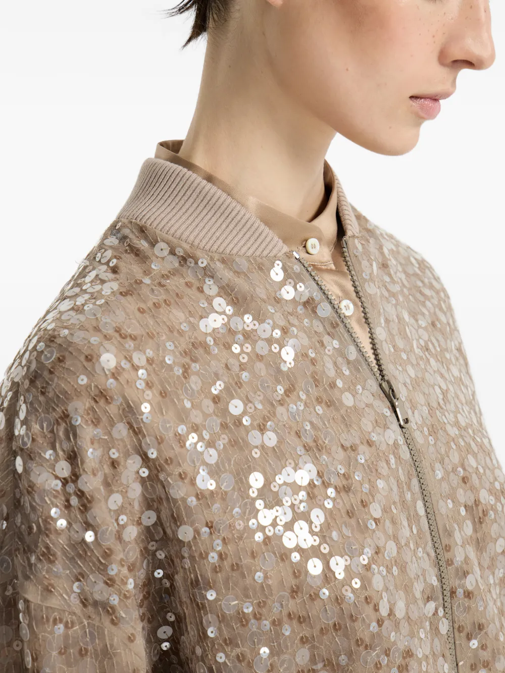 Brunello Cucinelli Bomberjack met geborduurde pailletten Beige
