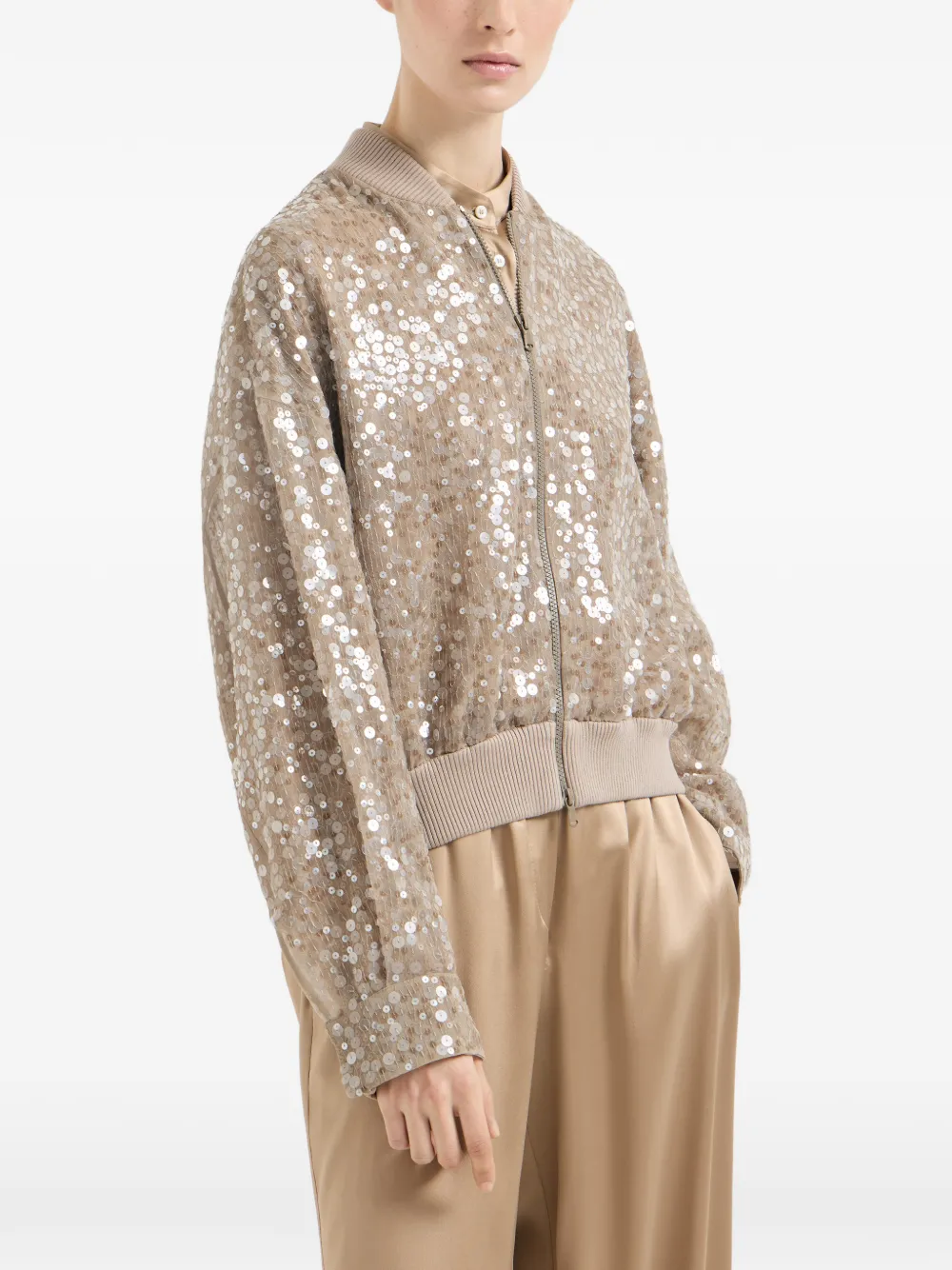 Brunello Cucinelli Bomberjack met geborduurde pailletten Beige