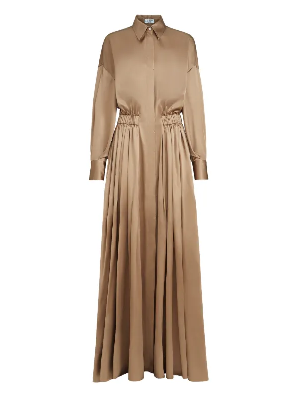 Brunello Cucinelli, Stretch silk satin long dress with monili, Brown, M Brunello Cucinelli, Stretch silk satin long dress with monili, Brown, M