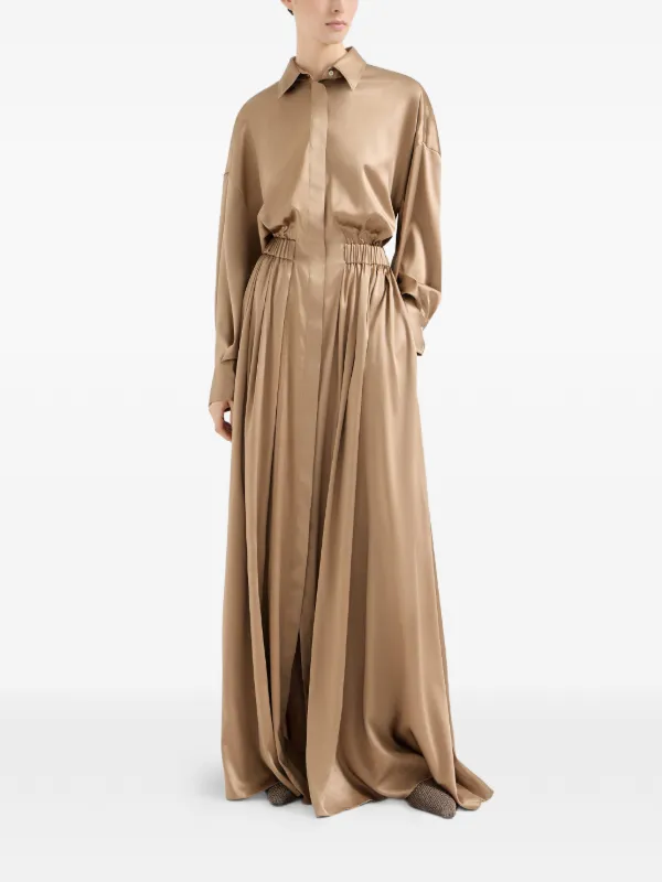 Brunello Cucinelli, Stretch silk satin long dress with monili, Brown, M