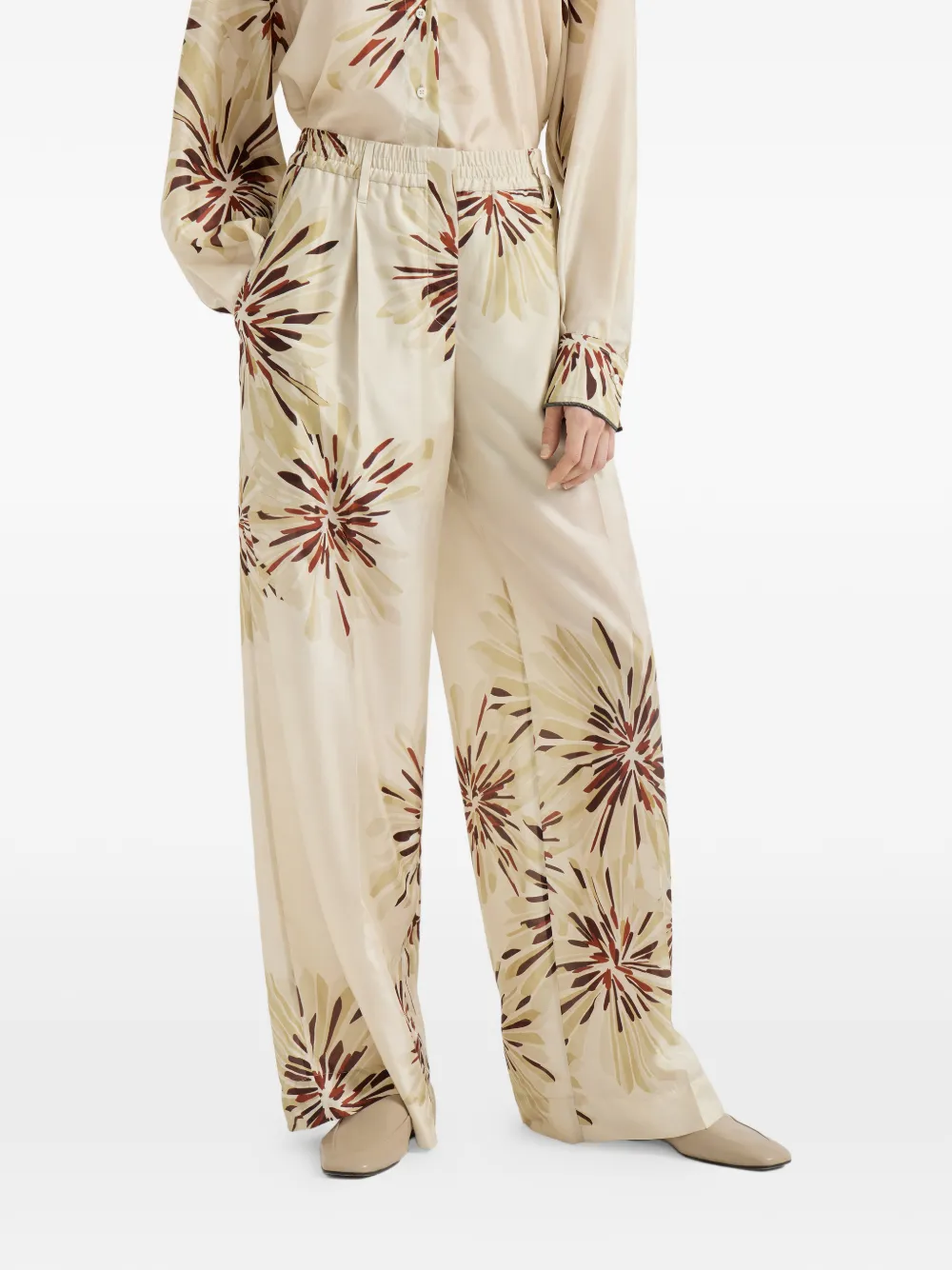 Brunello Cucinelli Palazzo broek met bloemen-print en Monili-detail Beige