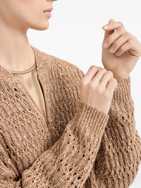 Brunello Cucinelli Sequin Braided zipped-cardigan | Brown | FARFETCH