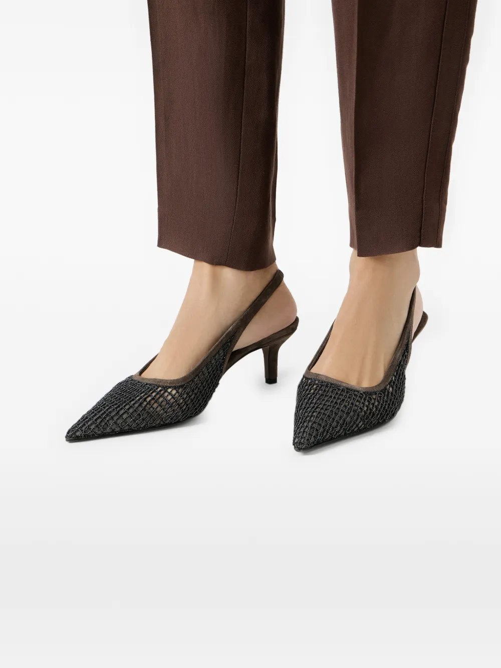 Brunello Cucinelli Net Embroidery Slingback Pumps in Black, view 4