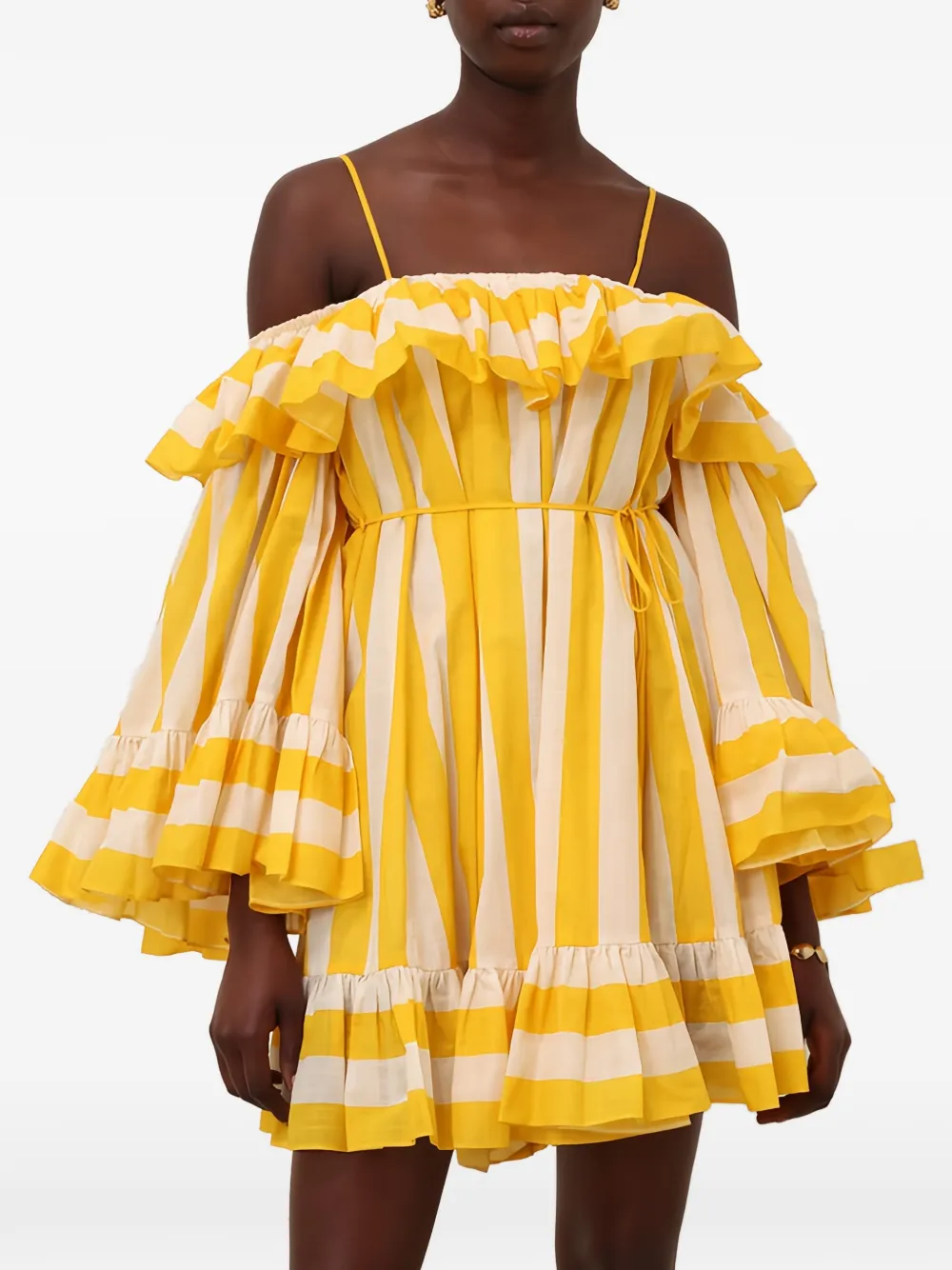 Zimmermann Daylight Ruffled Striped Mini Dress In Yellow