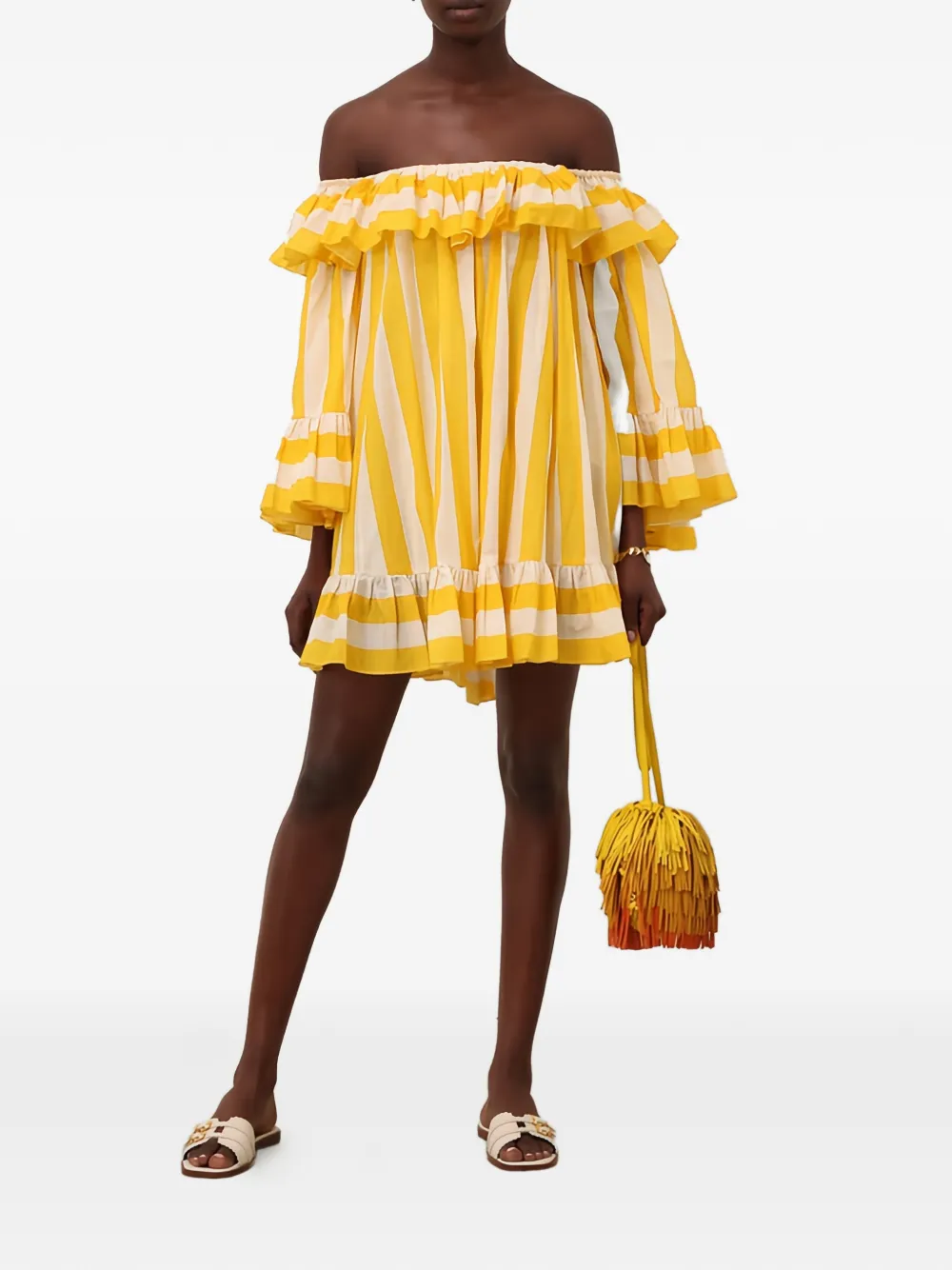 Zimmermann Daylight Ruffled Striped Mini Dress In Yellow