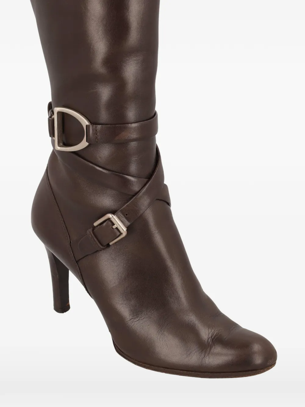 Pre-owned Polo Ralph Lauren Vintage 90mm Criss-cross Buckled Leather Boots In Brown