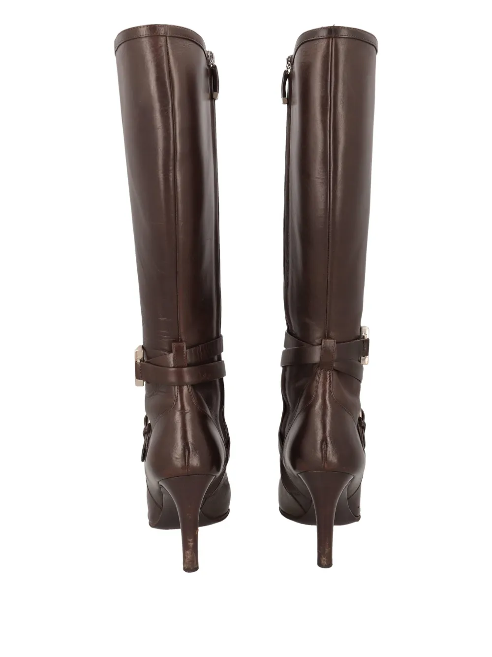 Pre-owned Polo Ralph Lauren Vintage 90mm Criss-cross Buckled Leather Boots In Brown