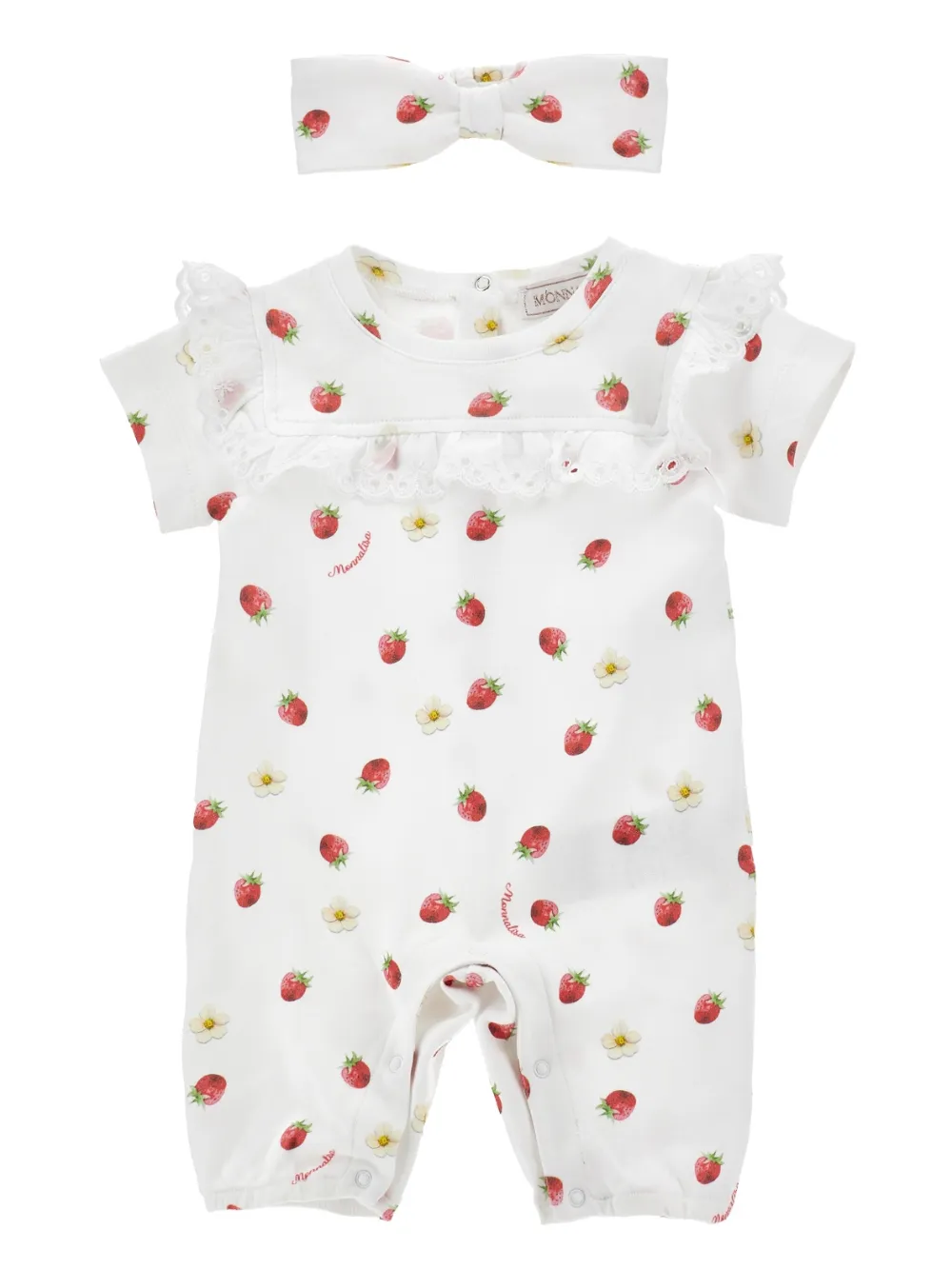 Monnalisa Gerüschtes Strampler-Set mit Erdbeer-Print - Weiß