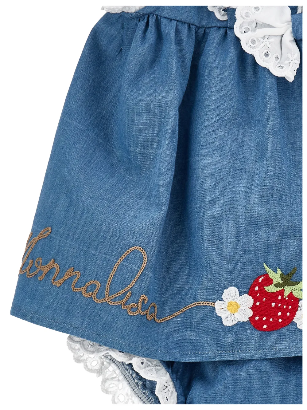 Monnalisa Babyjurk met geborduurd kant Blauw