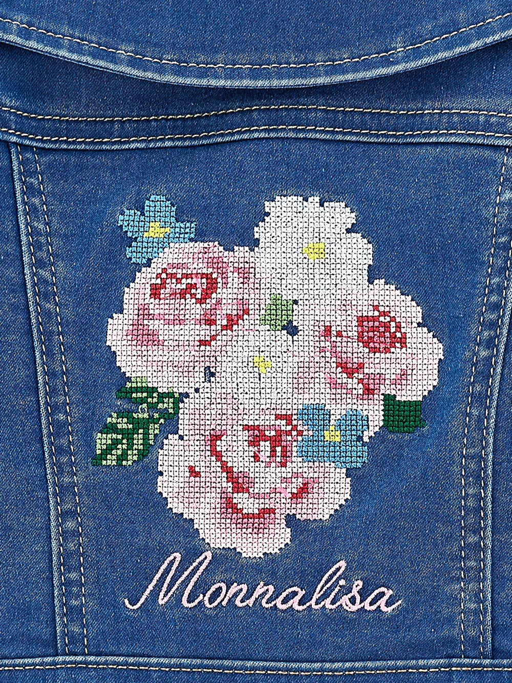 Monnalisa Spijkerjack met geborduurde bloemen Blauw