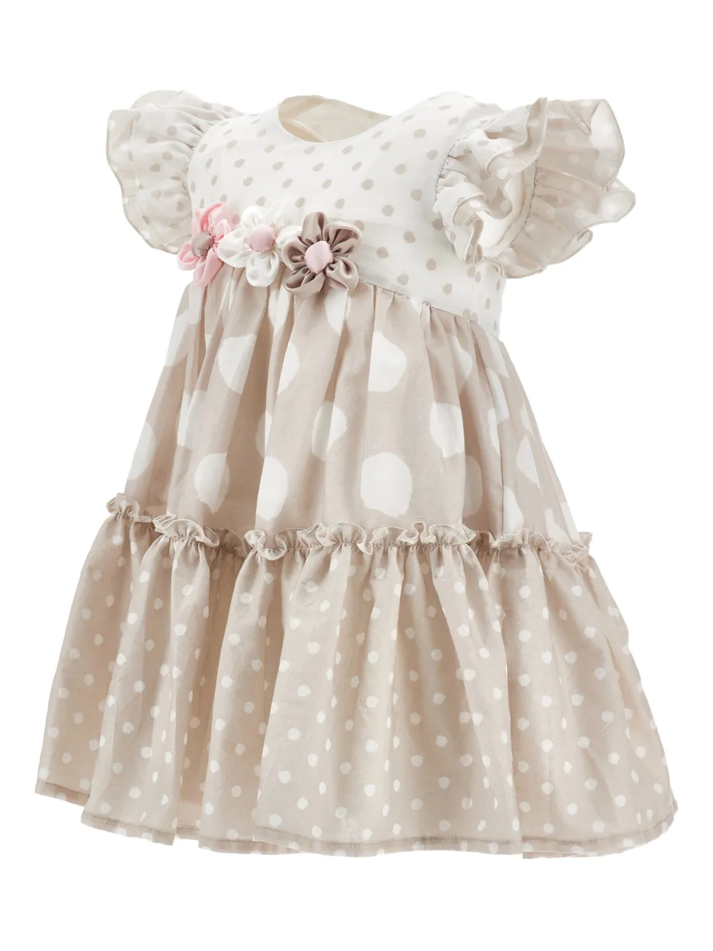 Monnalisa Jurk met stippen en bloemapplicatie Beige