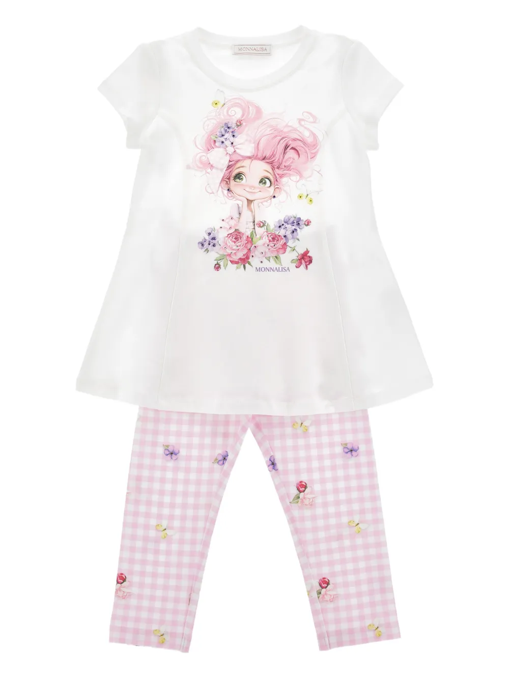 Monnalisa Set pantaloni Gingham a fiori - Rosa