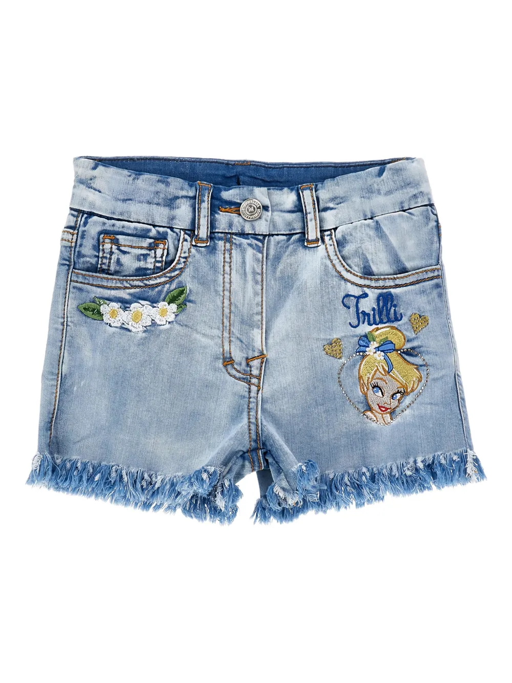 Monnalisa x Disney ausgefranste Shorts mit Stickerei - Blau