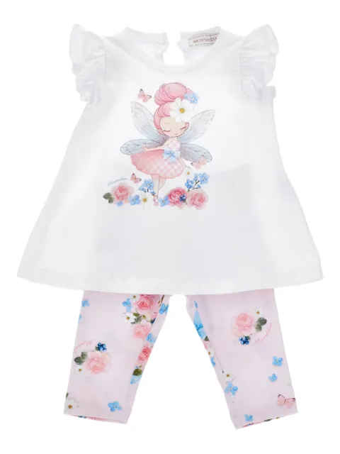 Monnalisa set de pantalones con estampado gráfico y volantes en las mangas