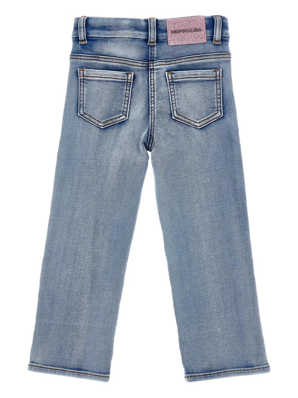 Monnalisa Jeans met geborduurde bloemen en ruches Blauw