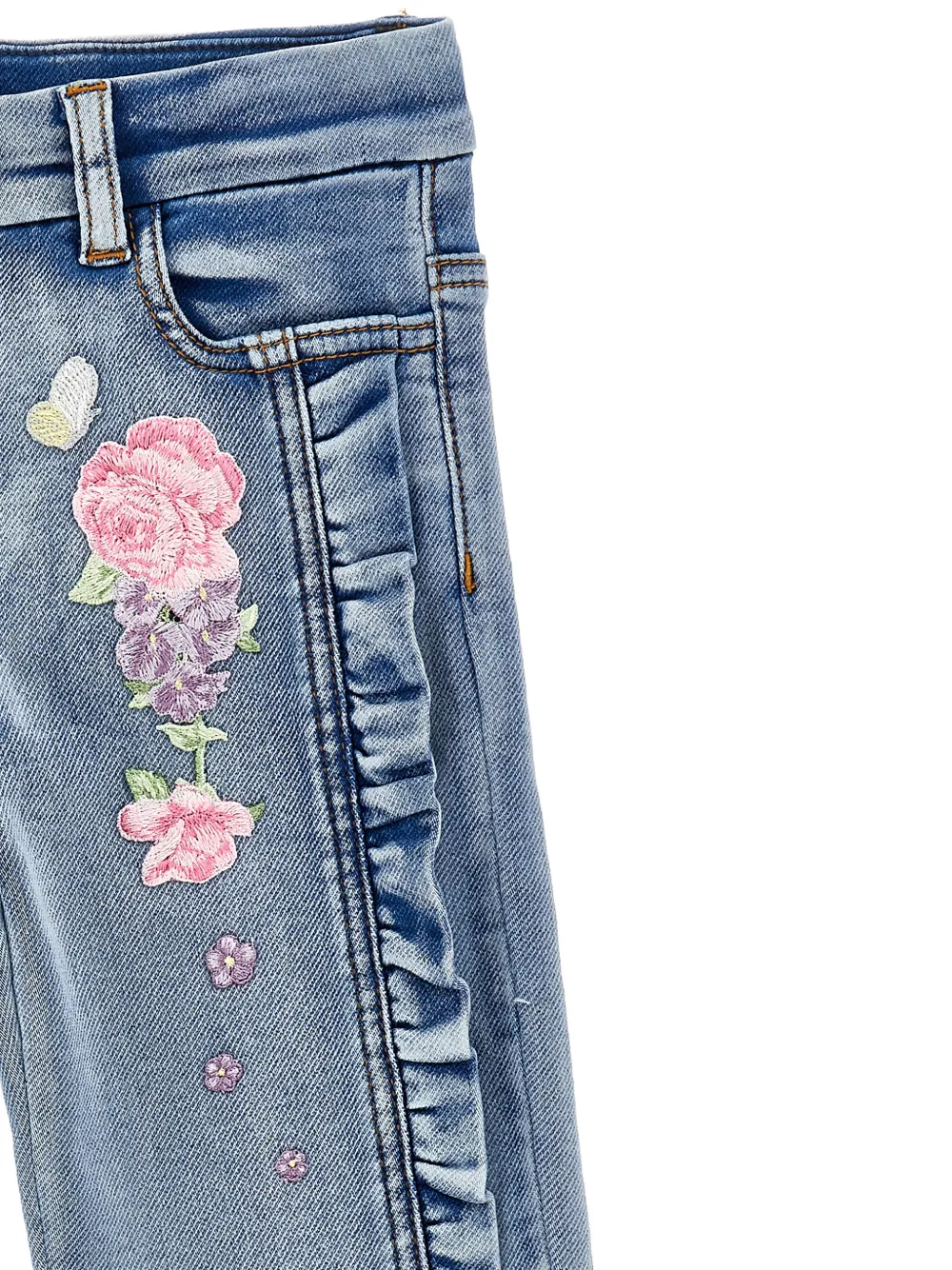 Monnalisa Jeans met geborduurde bloemen en ruches Blauw