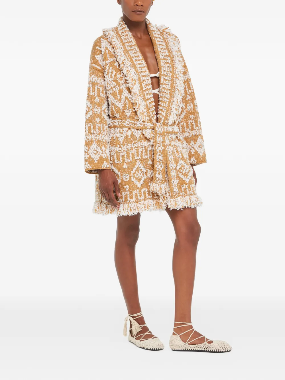  Alanui Send Beat Geometric-pattern Fringed Cardi-coat - Neutrals 