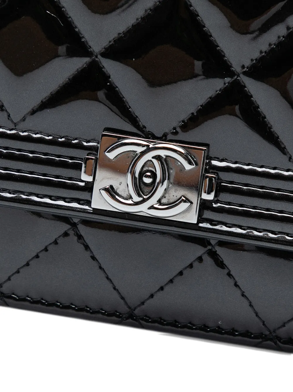 Pre-owned Chanel 2014-2015 Quilted Patent Boy Wallet On Chain Crossbody Bag In Black