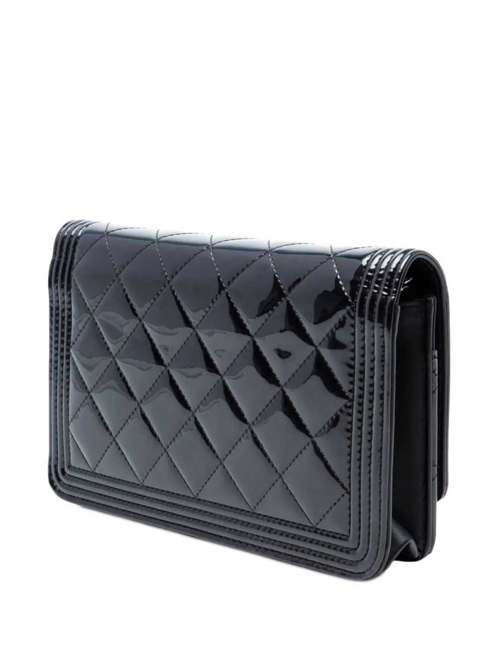 Pre-owned Chanel 2014-2015 Quilted Patent Boy Wallet On Chain Crossbody Bag In Black