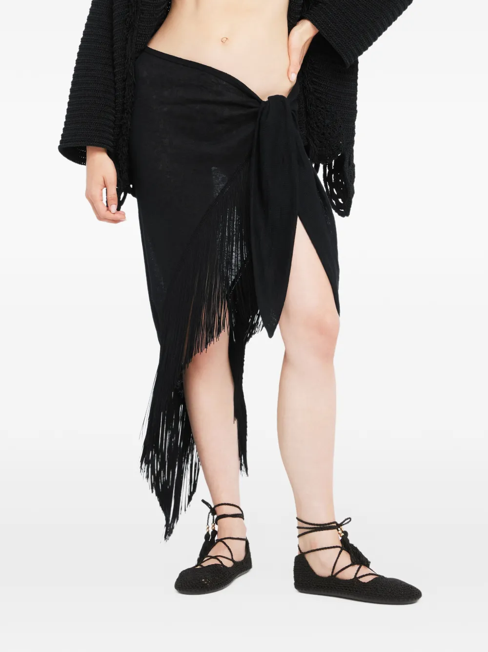 Alanui Fringed Self-tie Pareo Skirt In Black