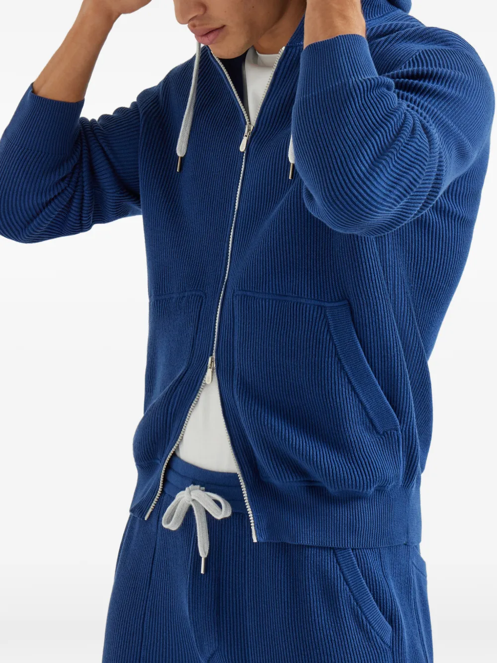 Brunello Cucinelli Ribgebreide hoodie Blauw