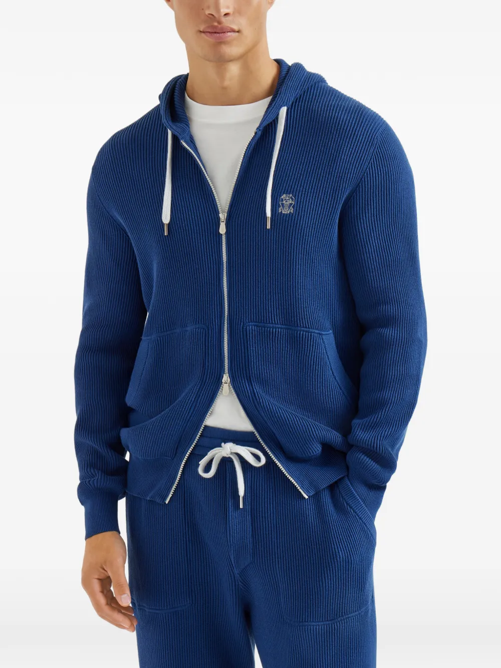 Brunello Cucinelli Ribgebreide hoodie Blauw