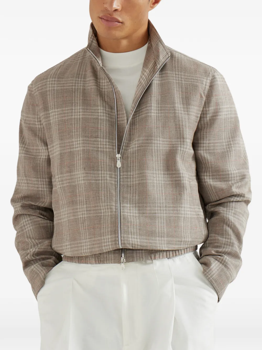Brunello Cucinelli Jack met opstaande kraag en tartan ruit Beige