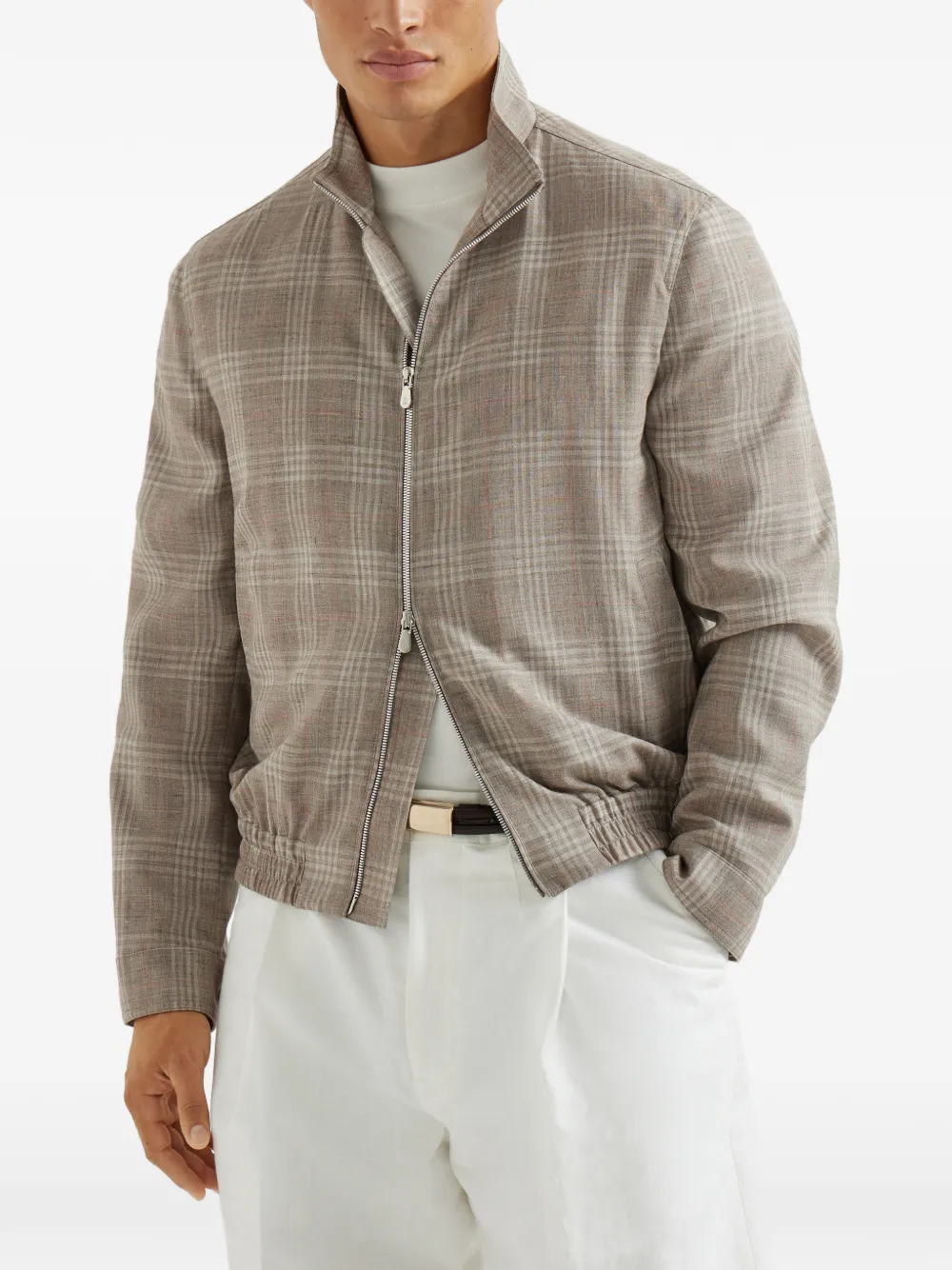 Brunello Cucinelli Tartan Stand Collar Jacket - Neutrals 