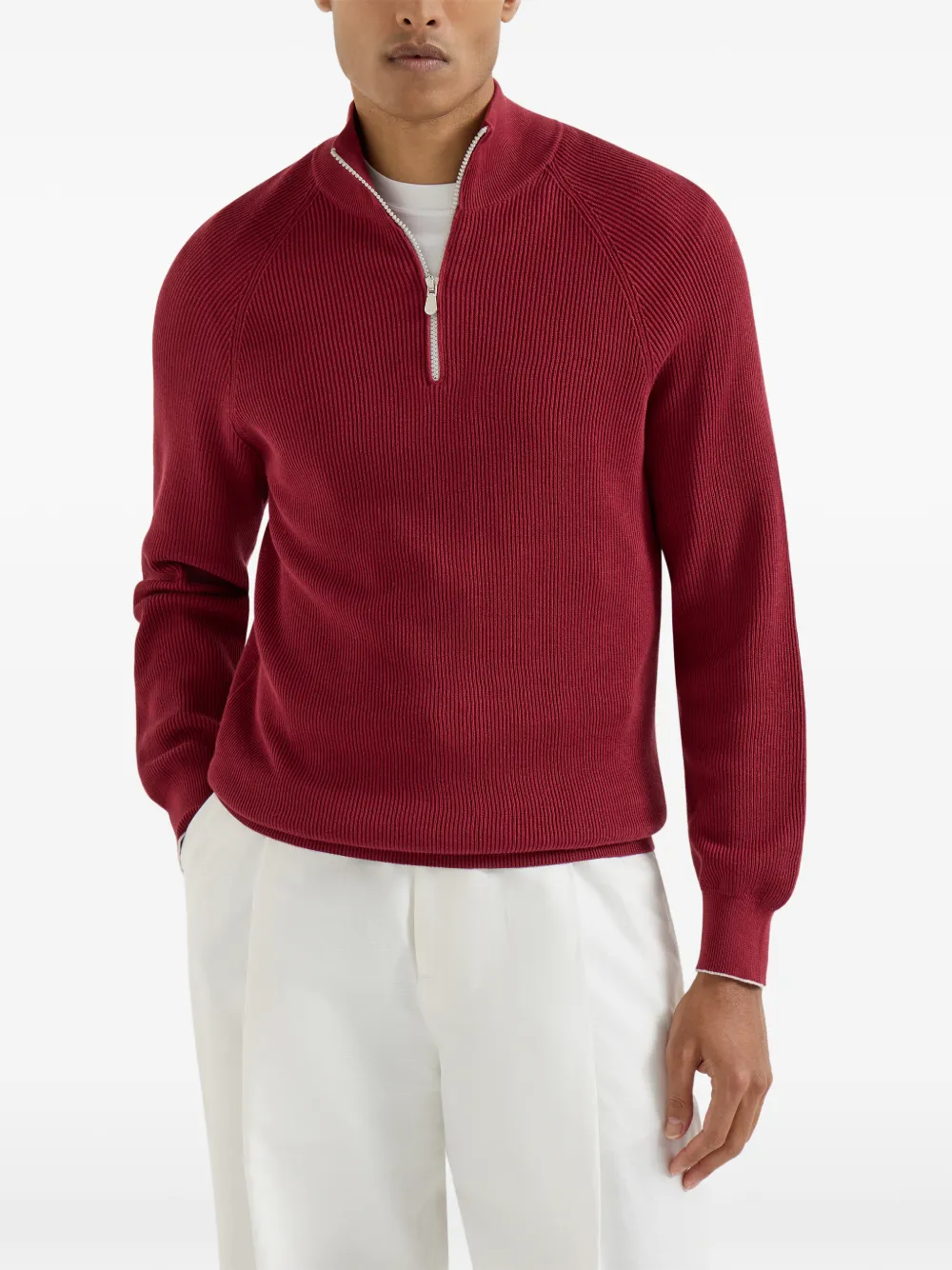  Brunello Cucinelli Rib Half Zip Jumper - Red 