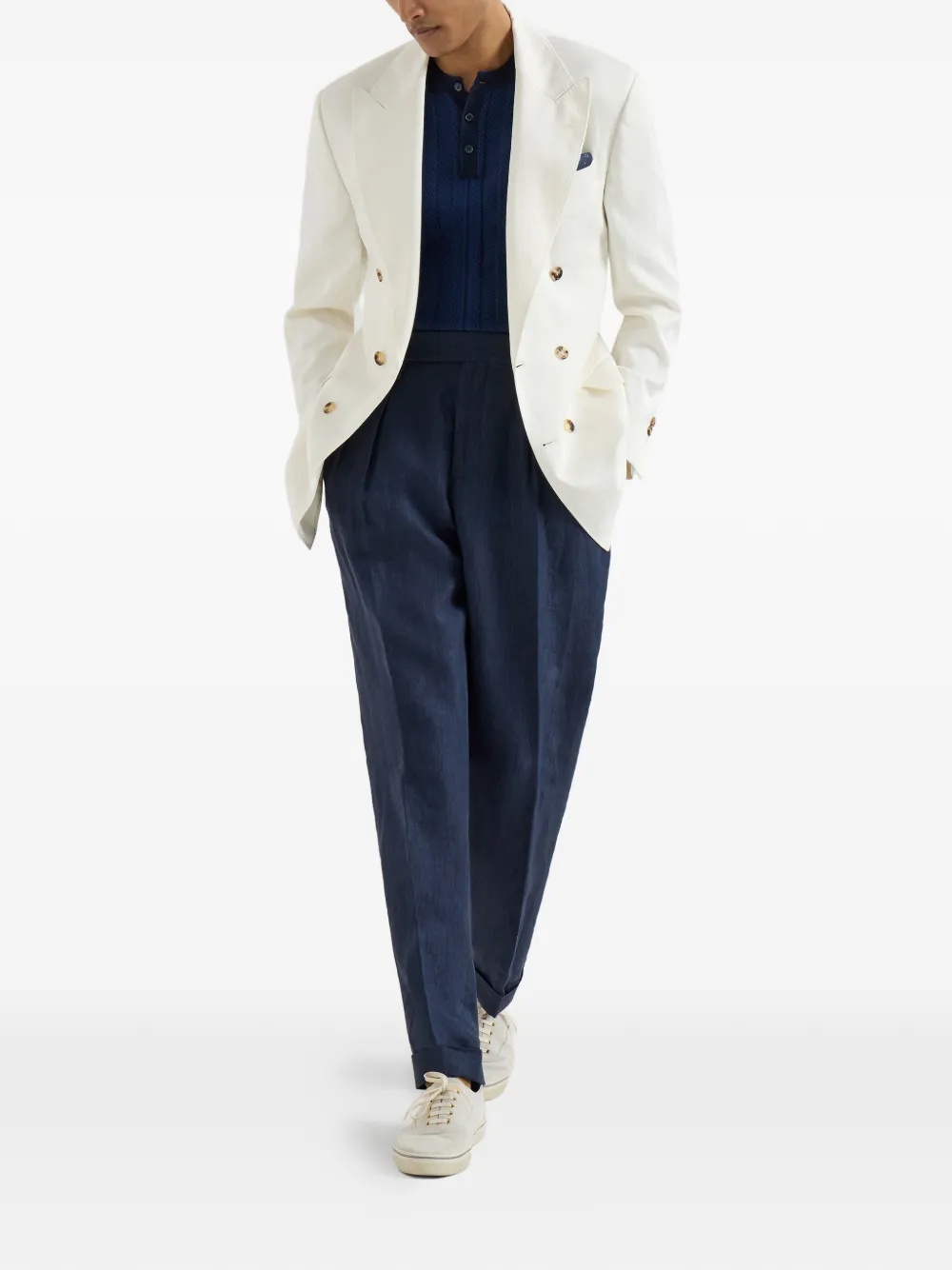 Brunello Cucinelli Ribgebreid poloshirt met knoopsluiting en jacquard textuur - Blauw