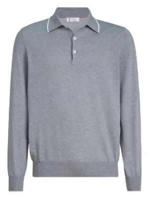 BRUNELLO CUCINELLI ハーフジップ　コットン　長袖　ポロシャツ Brunello Cucinelli ヘリンボーン ジップポロシャツ | ブラウン