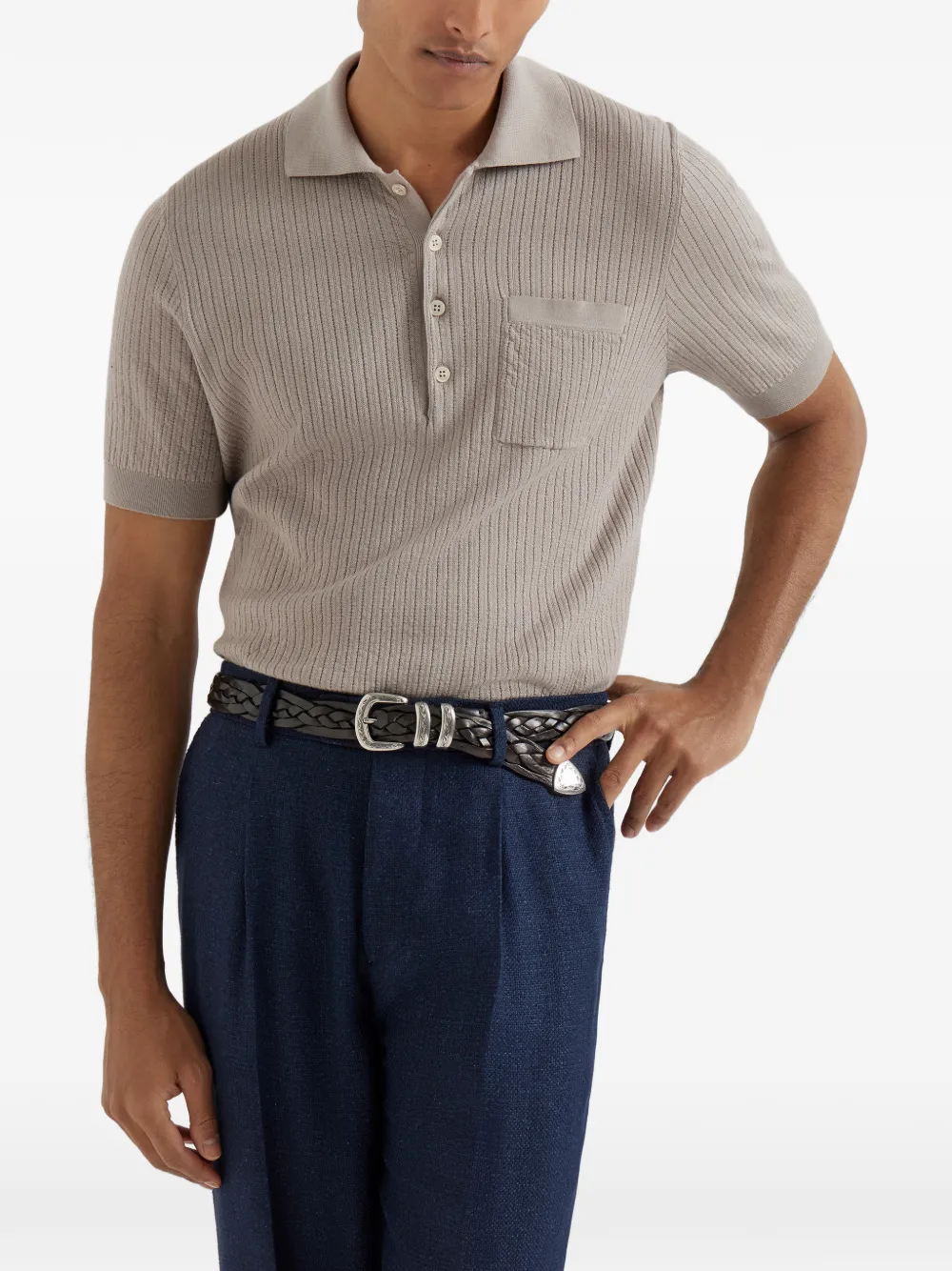 Brunello Cucinelli Geribbeld poloshirt met borstzak en knoopsluiting Beige