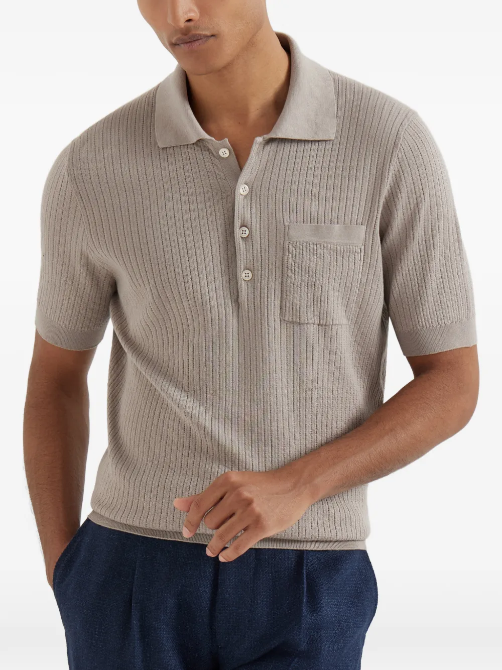 Brunello Cucinelli Geribbeld poloshirt met borstzak en knoopsluiting Beige