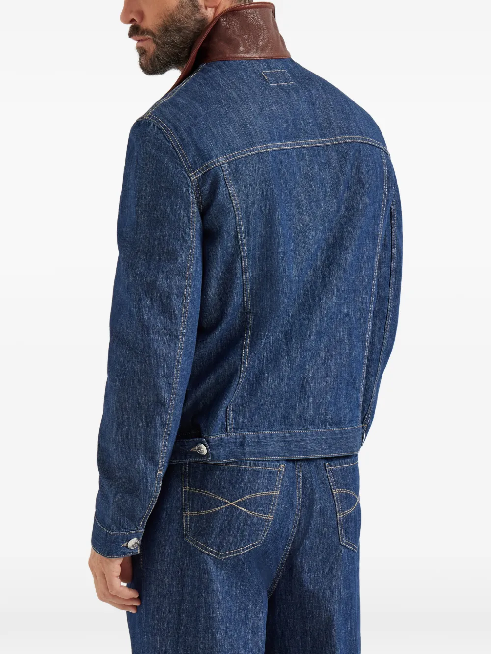 Brunello Cucinelli Denim jack met leren kraag Blauw
