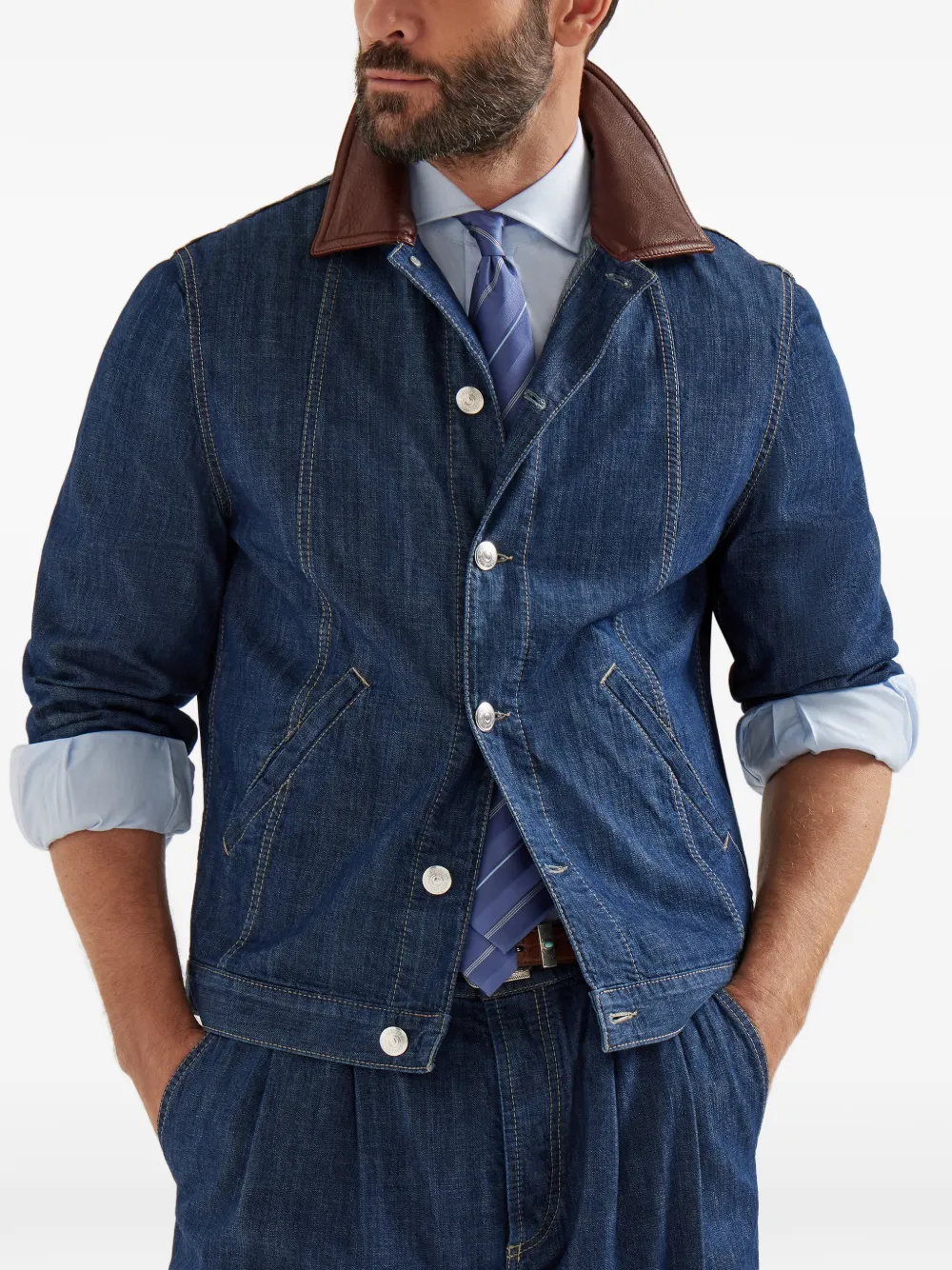 Brunello Cucinelli Denim jack met leren kraag Blauw